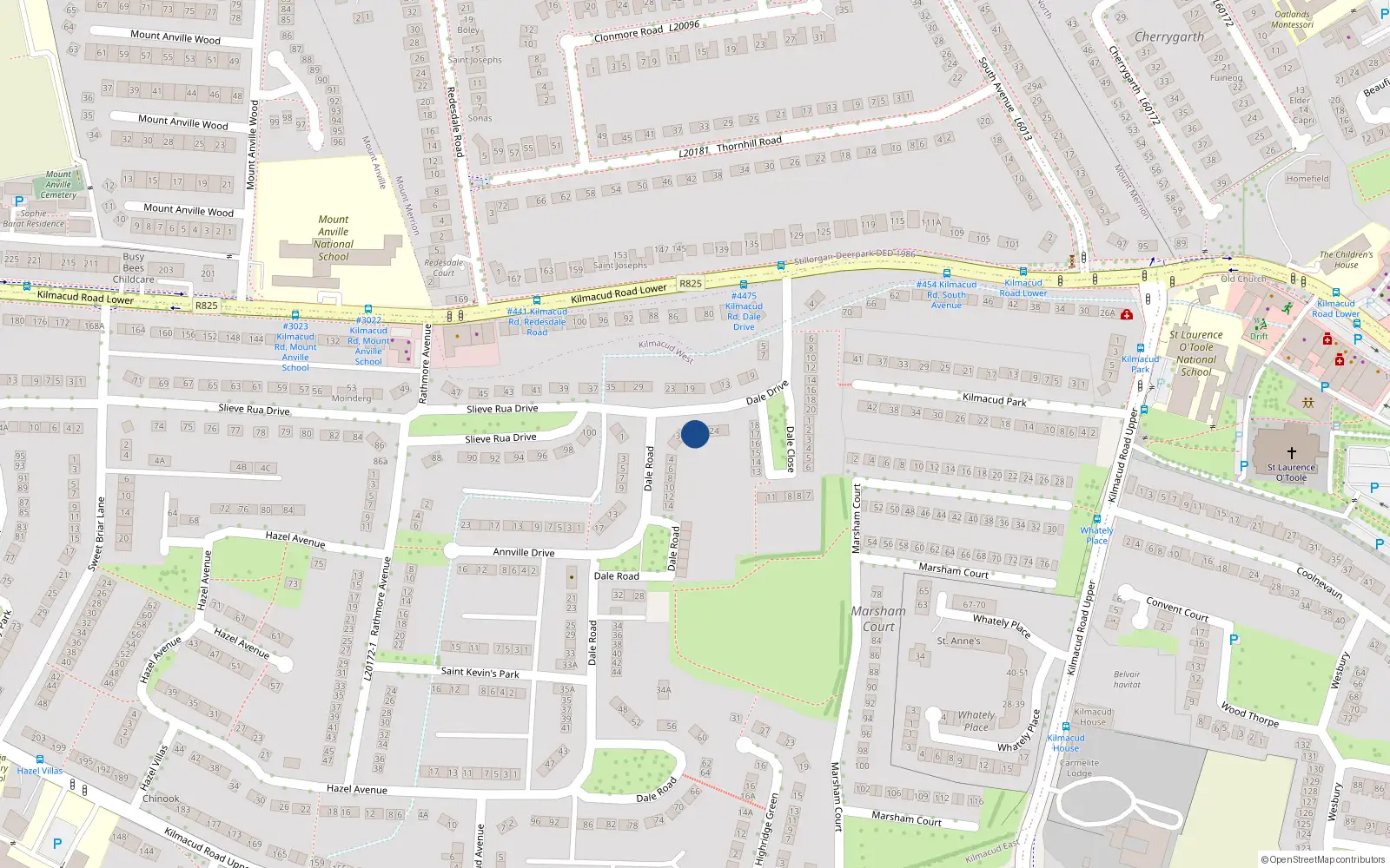 Overhead map showing the location of 28 Dale Drive, Stillorgan, Dublin