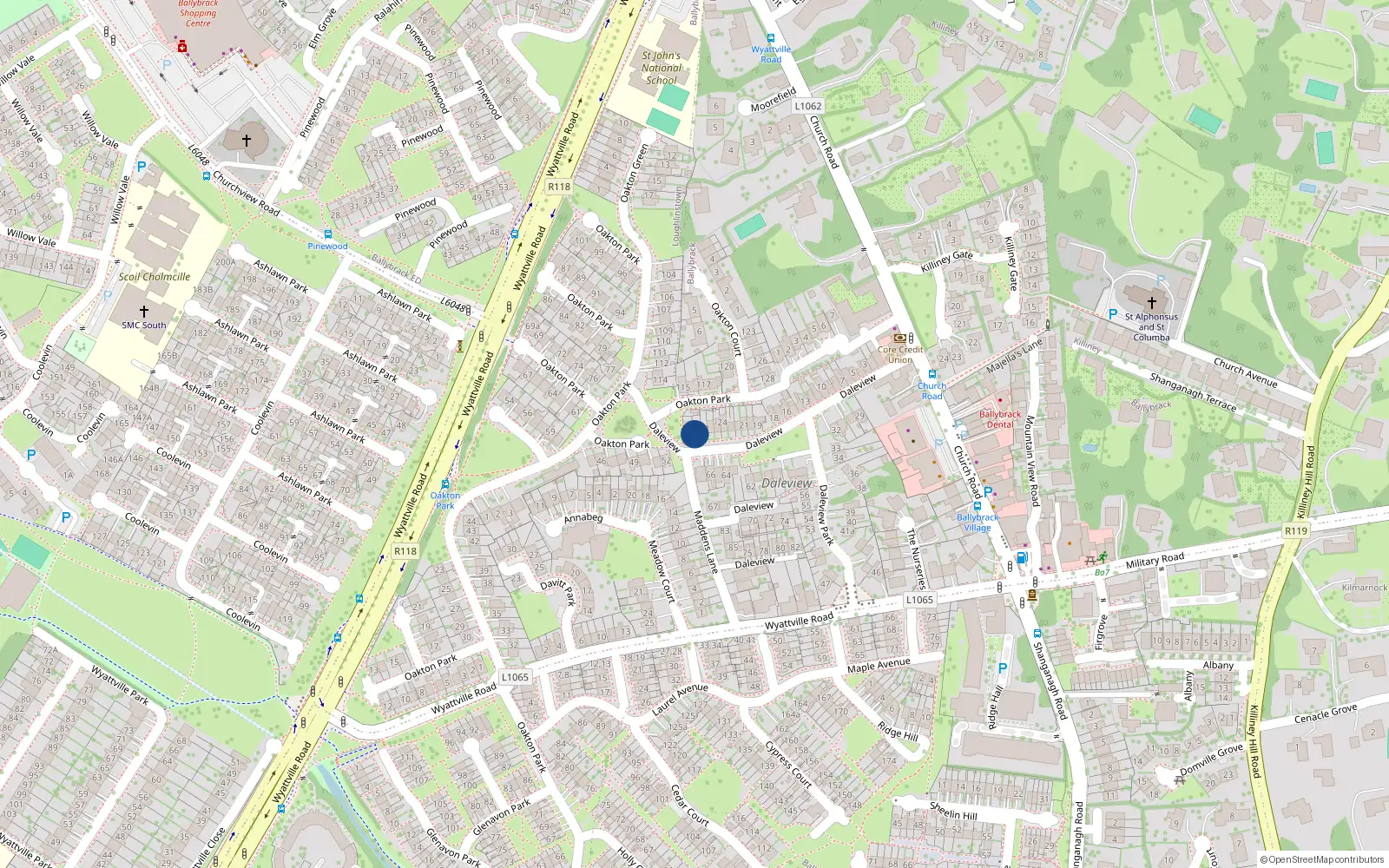 Overhead map showing the location of 28 Dale View, Ballybrack, Dublin