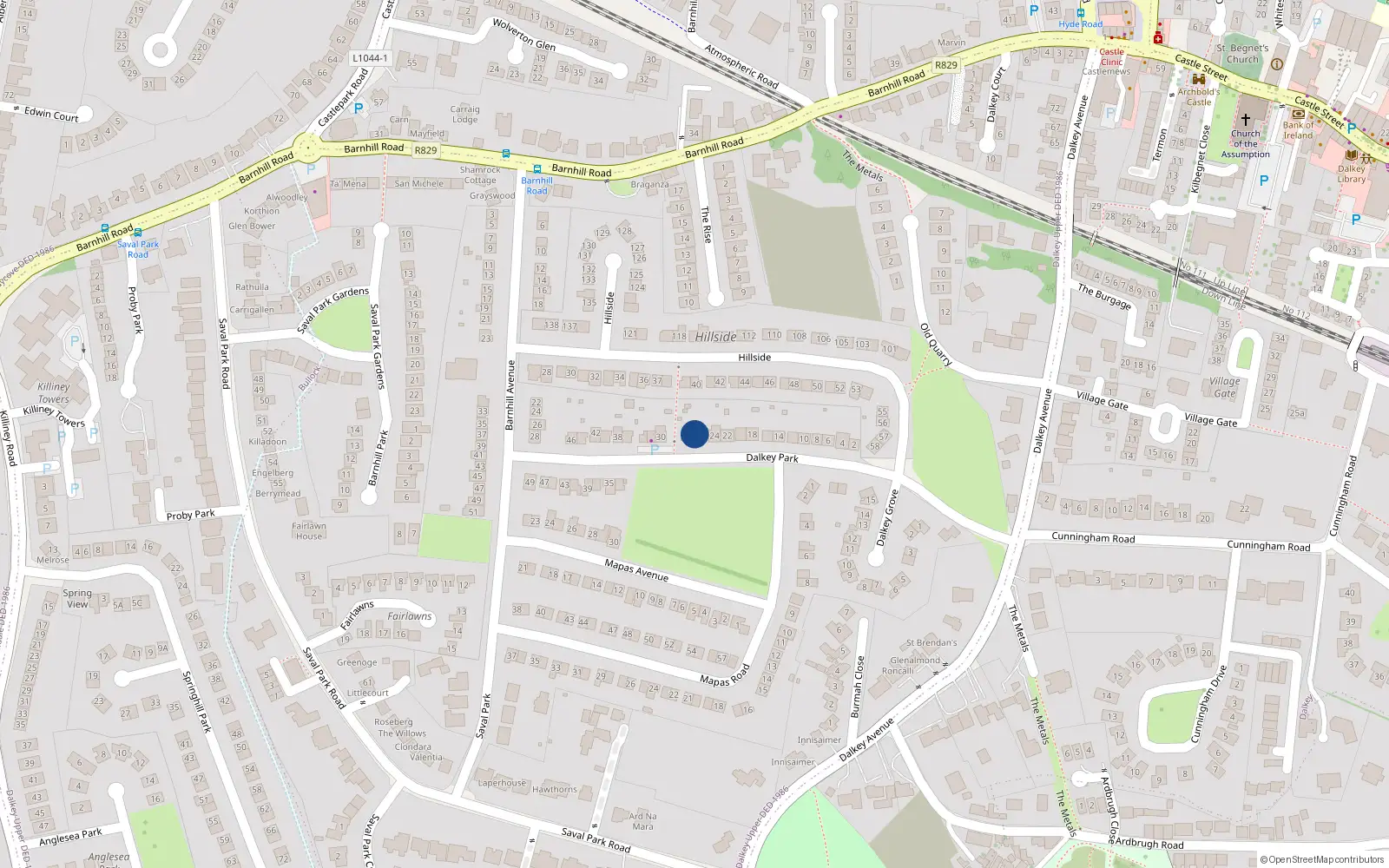 Overhead map showing the location of 28 Dalkey Park, Dalkey