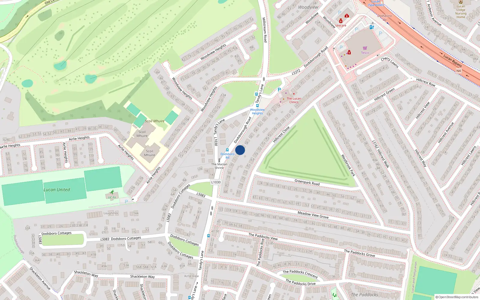 Overhead map showing the location of 28 Dodsboro Road, Lucan, Dublin