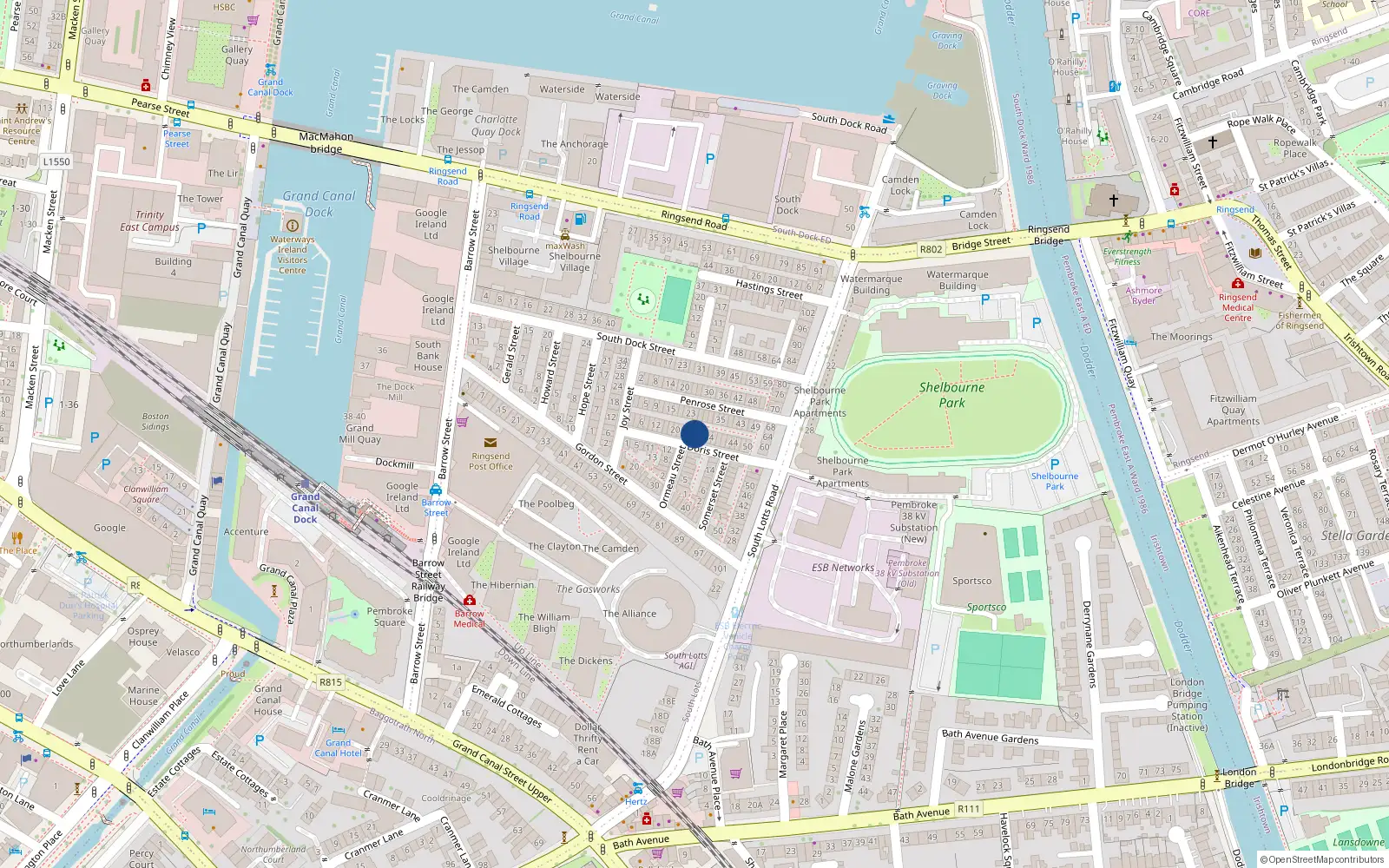 Overhead map showing the location of 28 Doris Street, Dublin 4