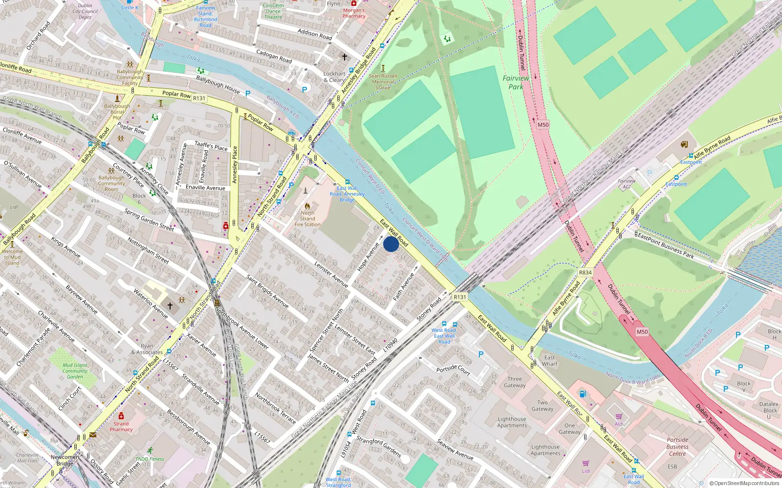 Overhead map showing the location of 28 East Wall Road, Dublin 3