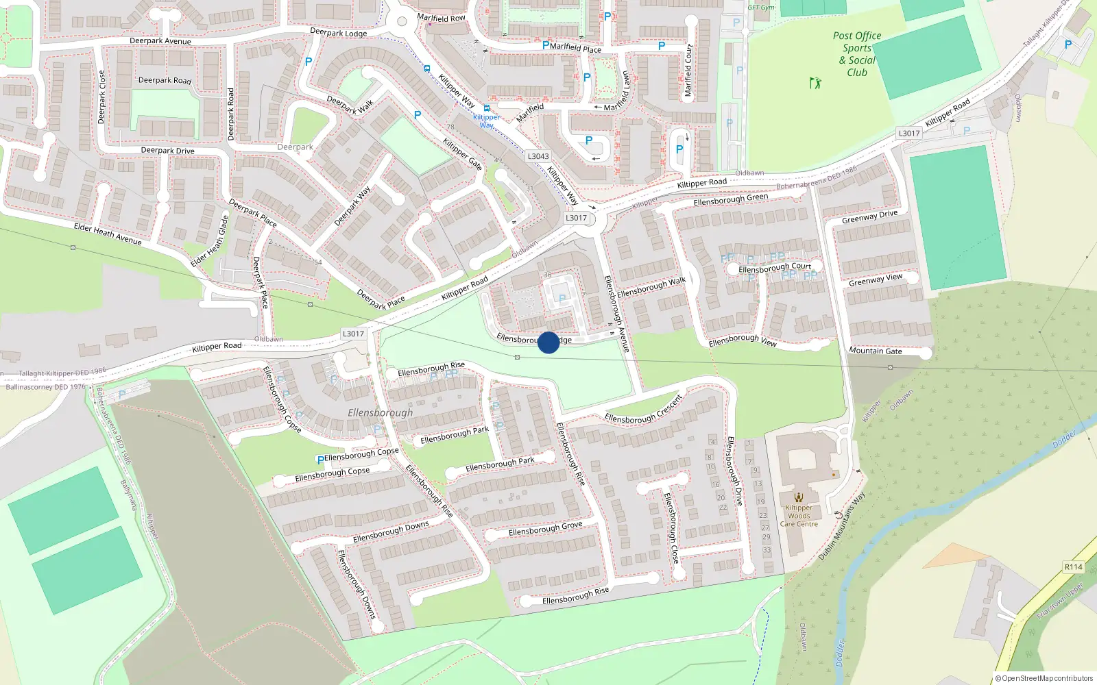 Overhead map showing the location of 28 Ellensborough Lodge, Tallaght