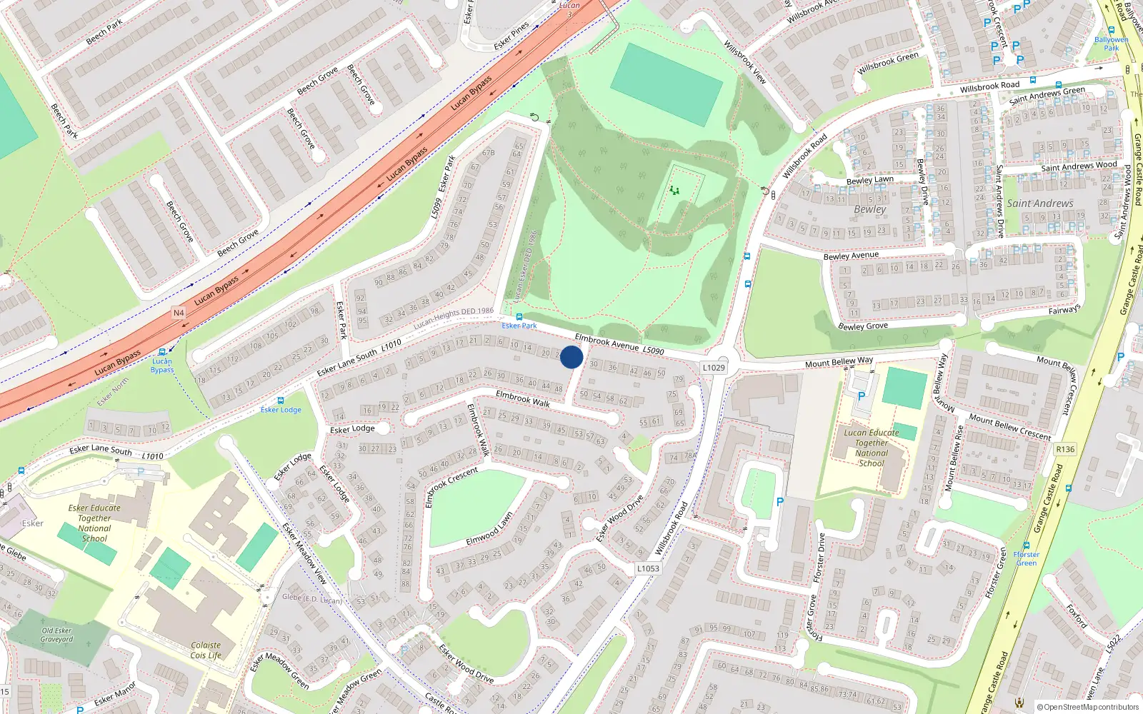 Overhead map showing the location of 28 Elmbrook Avenue, Lucan