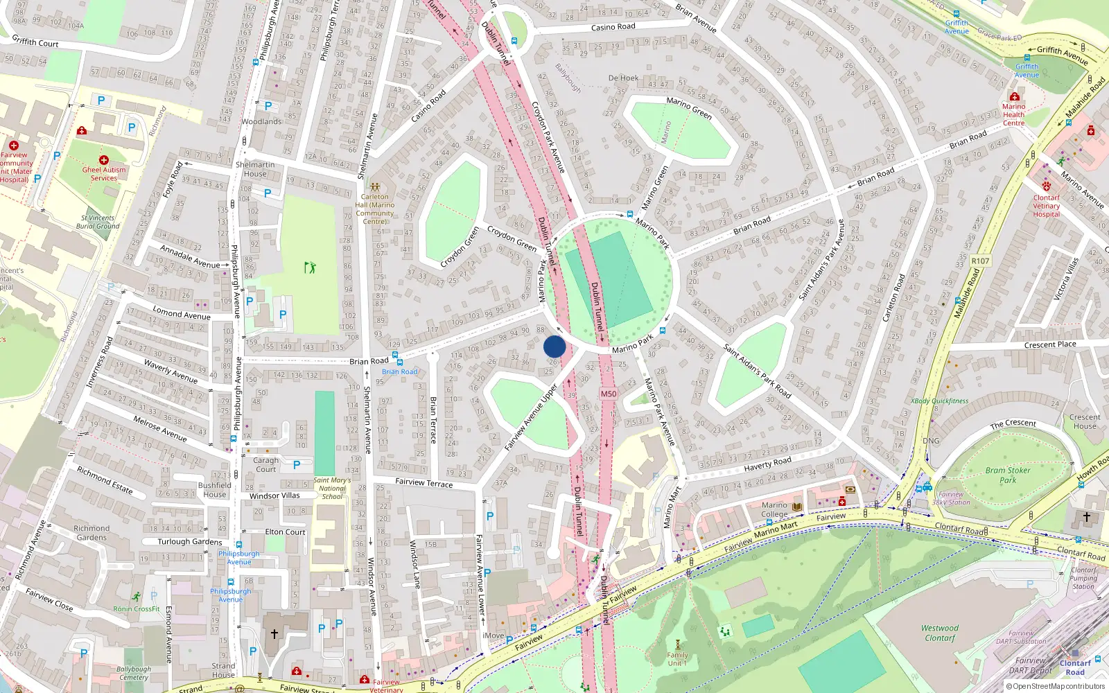 Overhead map showing the location of 28 Fairview Avenue Upper, Fairview, Dublin 3