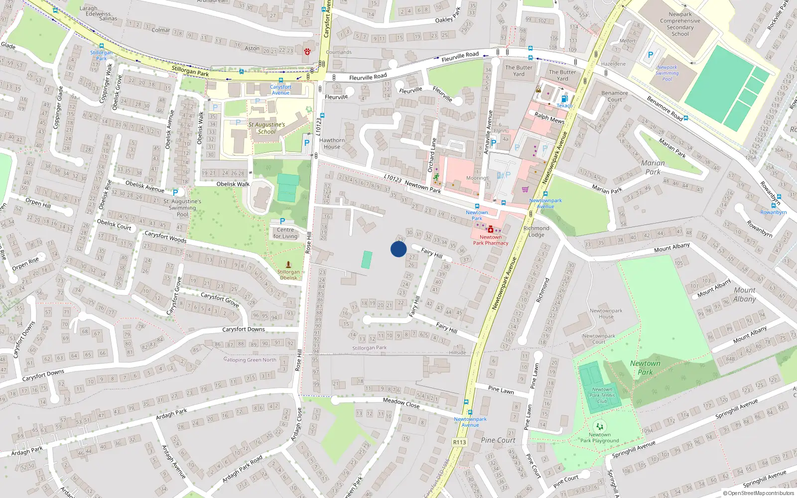Overhead map showing the location of 28 Fairyhill, Blackrock, Dublin