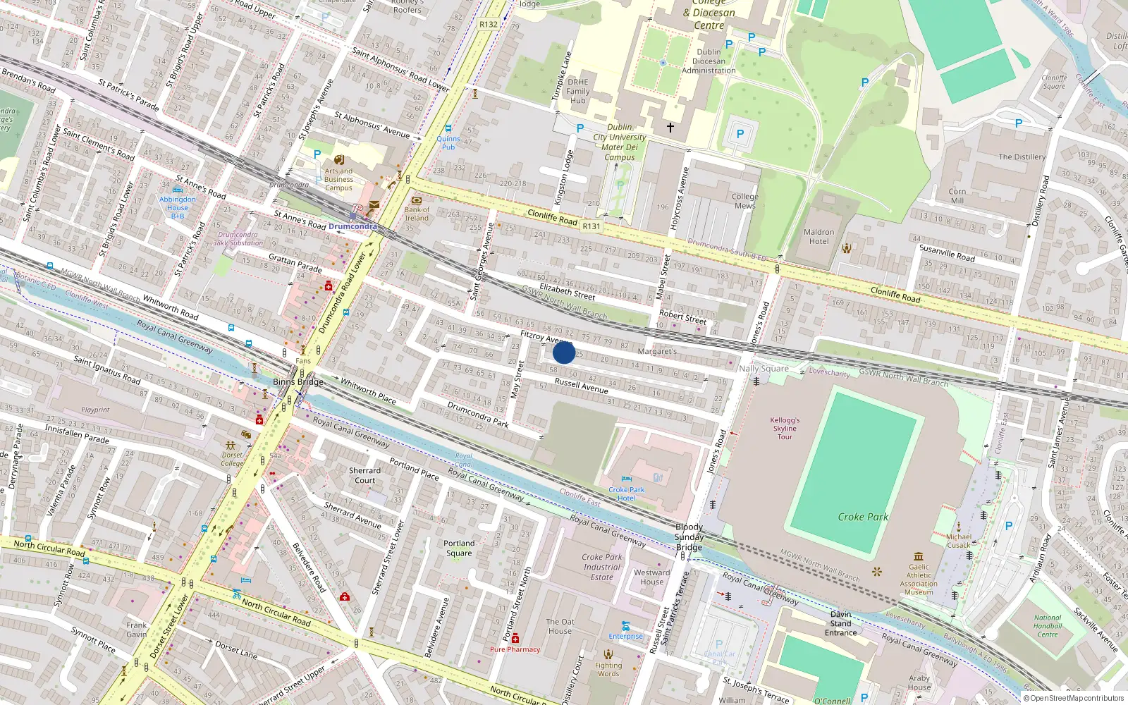 Overhead map showing the location of 28 Fitzroy Avenue, Drumcondra, Dublin 3