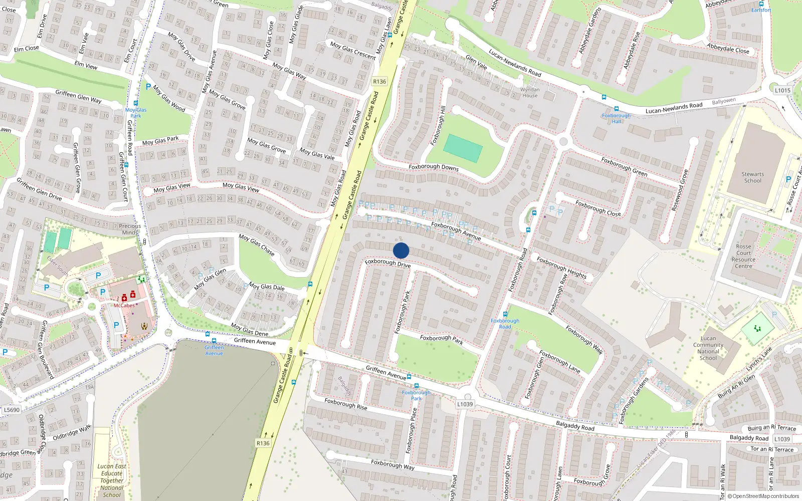 Overhead map showing the location of 28 Foxborough Drive, Lucan