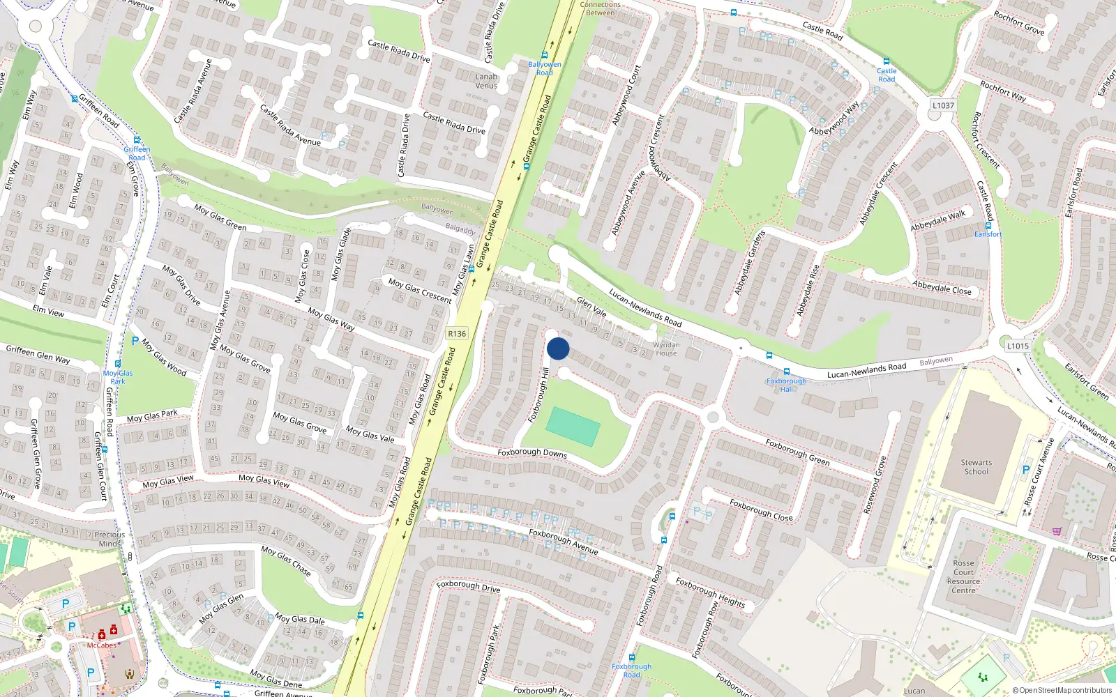 Overhead map showing the location of 28 Foxborough Meadows, Lucan