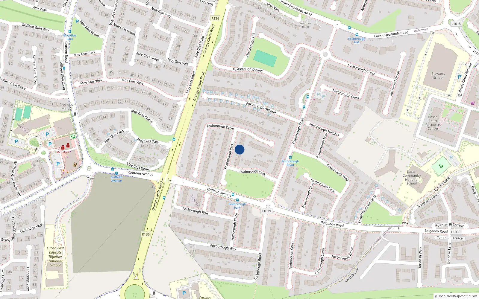 Overhead map showing the location of 28 Foxborough Park, Lucan