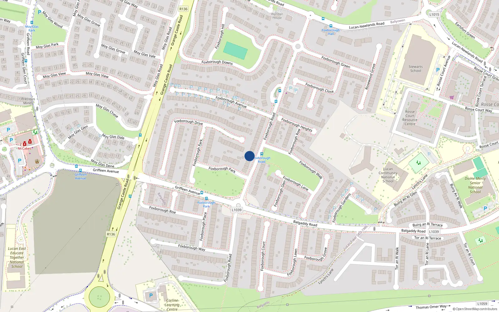Overhead map showing the location of 28 Foxborough Road, Lucan, Dublin