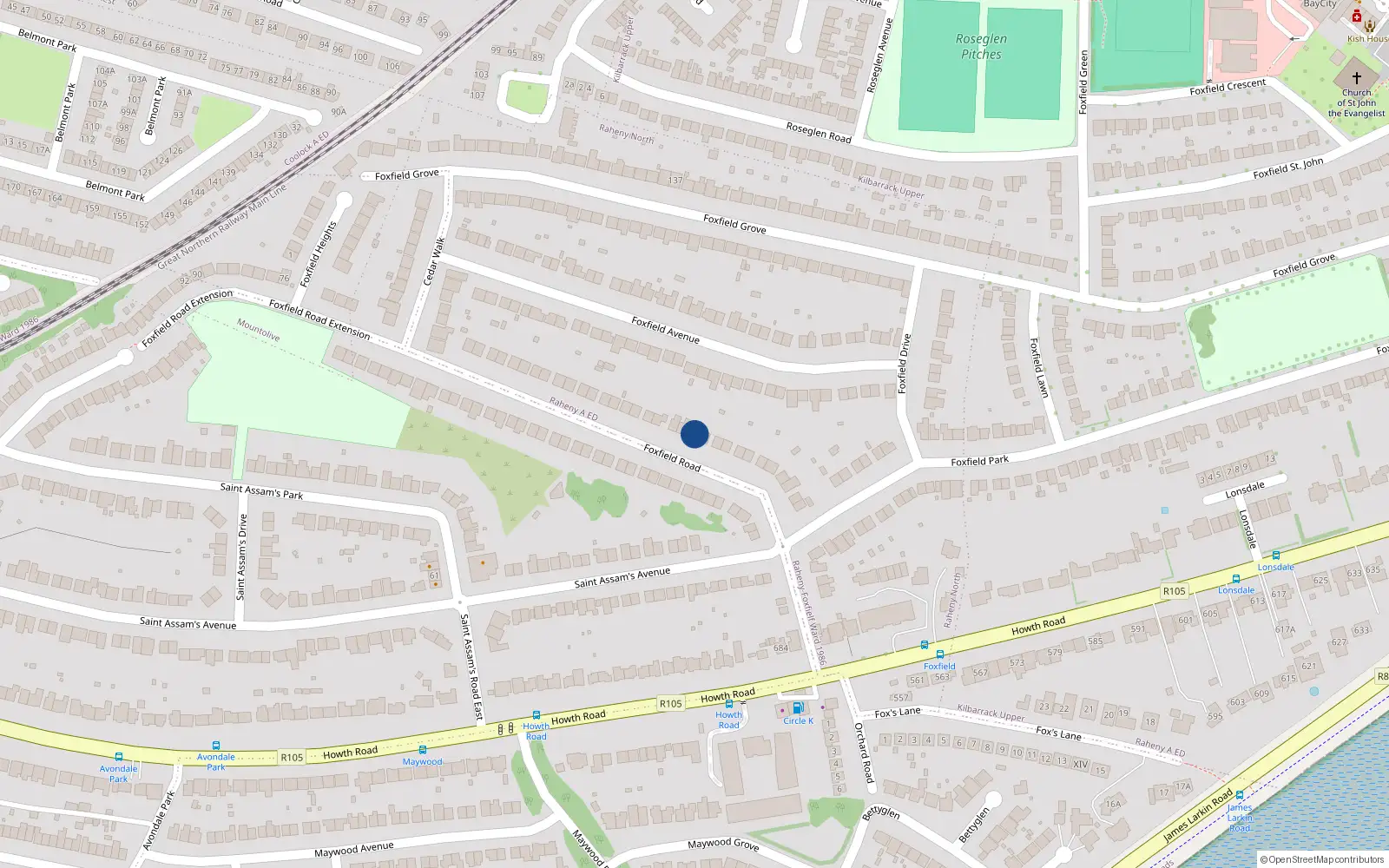 Overhead map showing the location of 28 Foxfield Road, Dublin 5