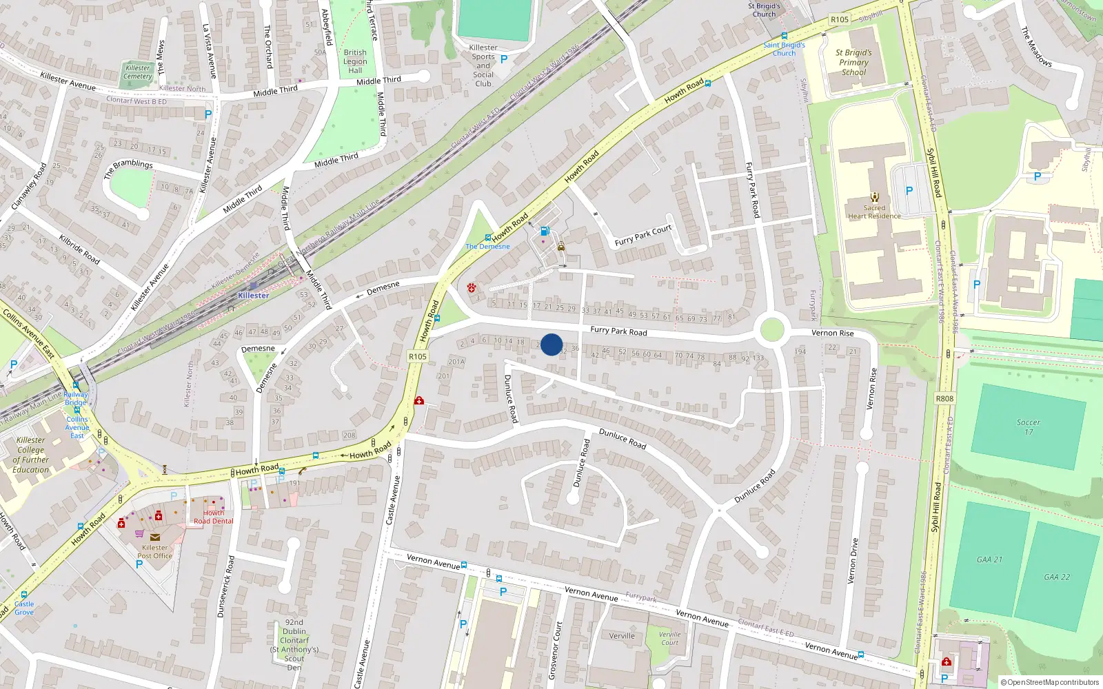 Overhead map showing the location of 28 Furry Park Road, Dublin 5