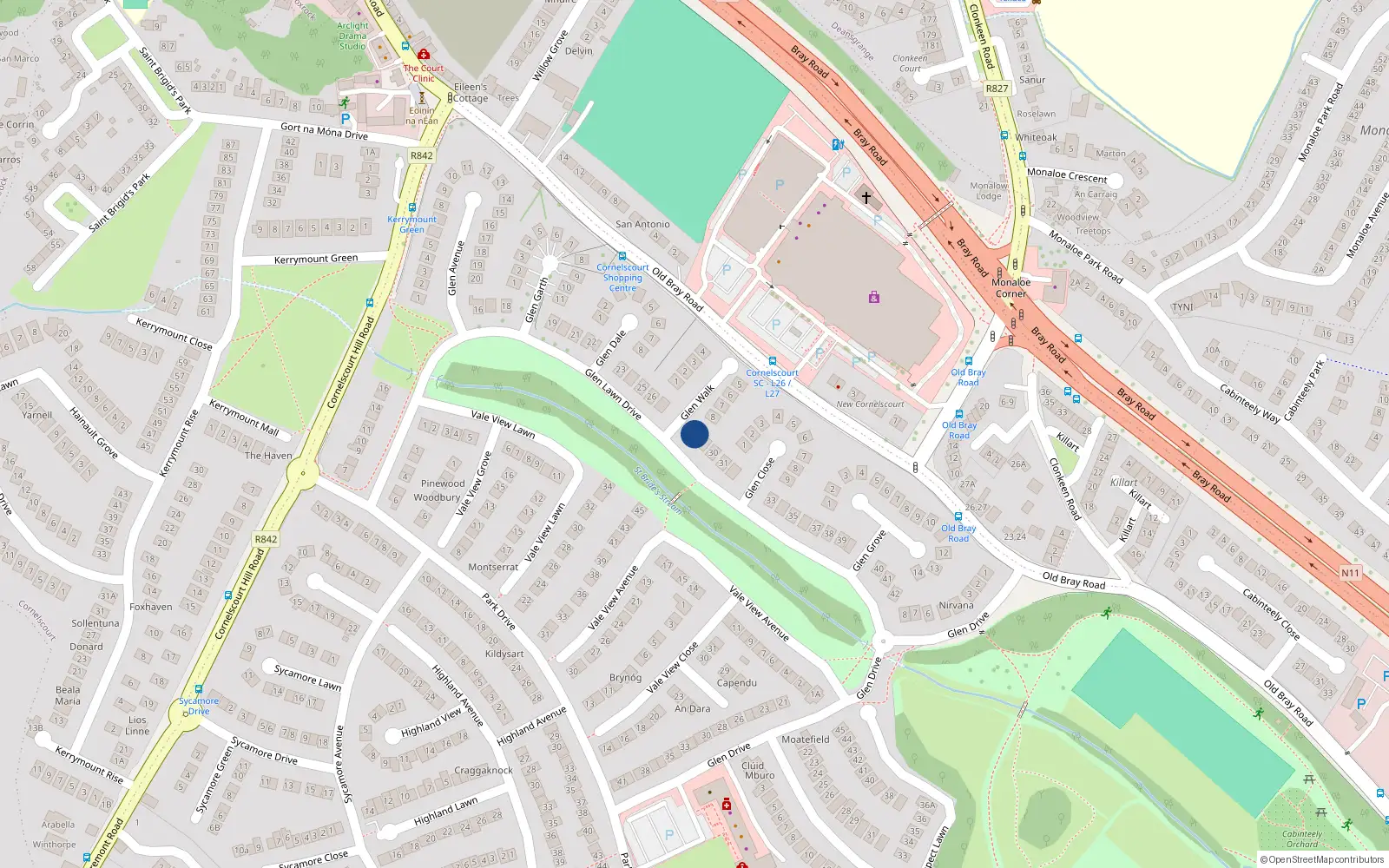 Overhead map showing the location of 28 Glen Lawn Drive, Dublin 18