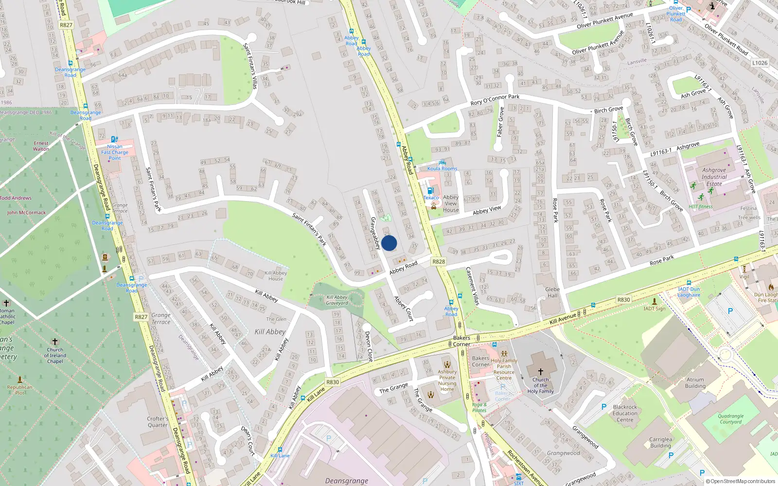 Overhead map showing the location of 28 Grangeabbey, Blackrock
