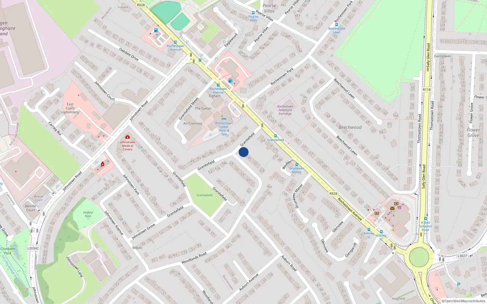Overhead map showing the location of 28 Granitefield, Dun Laoghaire