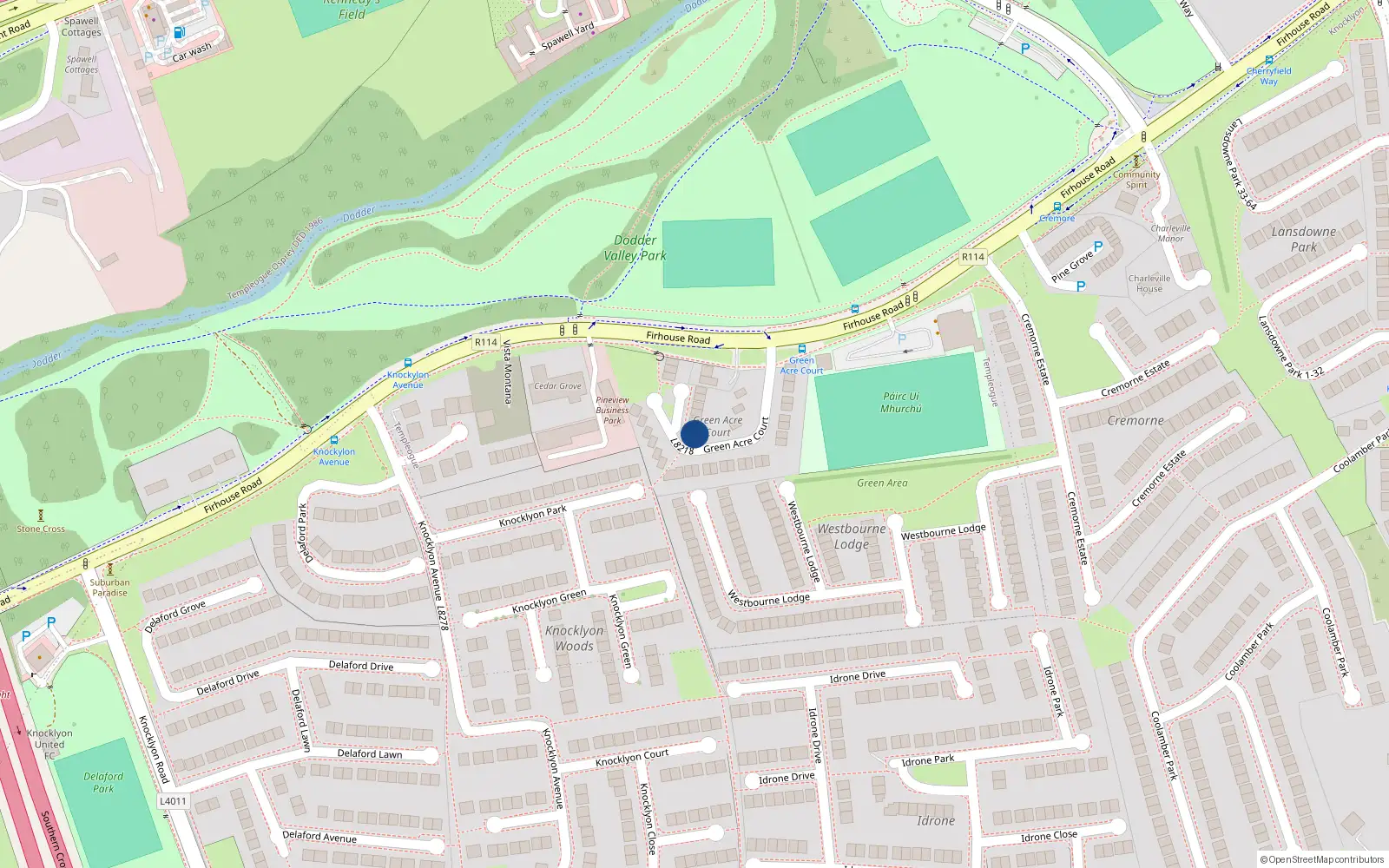 Overhead map showing the location of 28 Green Acre Court, Dublin 16