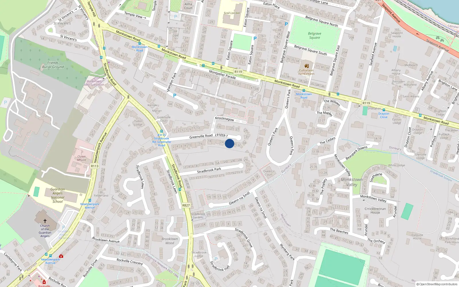 Overhead map showing the location of 28 Greenville Road, Blackrock, Dublin