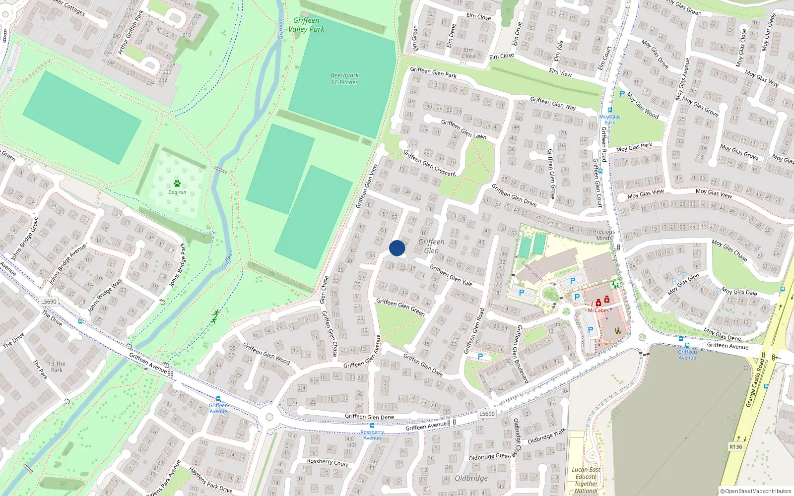 Overhead map showing the location of 28 Griffeen Glen Avenue, Lucan