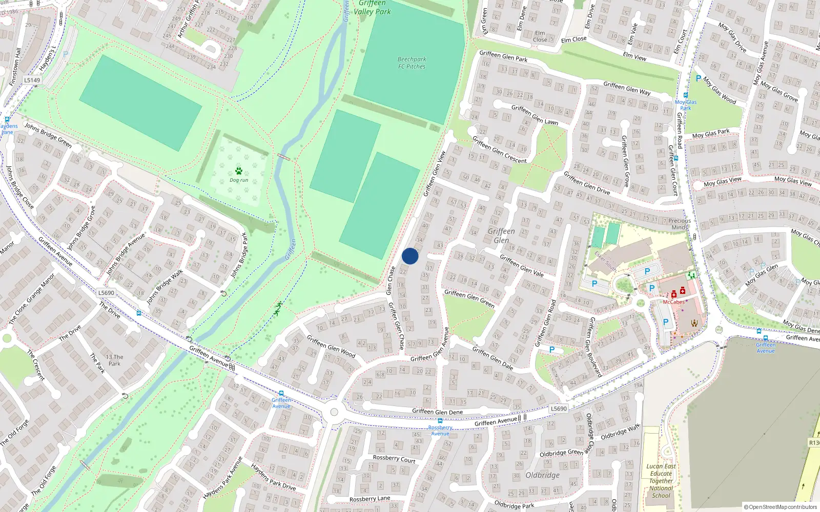 Overhead map showing the location of 28 Griffeen Glen Chase, Lucan