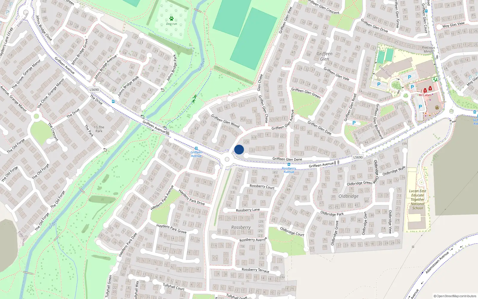 Overhead map showing the location of 28 Griffeen Glen Dene, Lucan