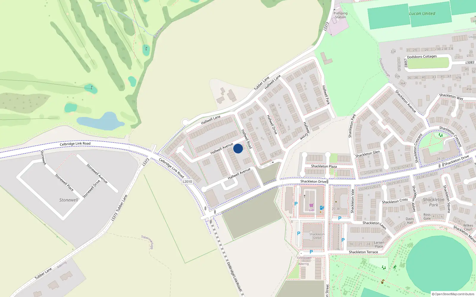 Overhead map showing the location of 28 Hallwell Avenue, Lucan