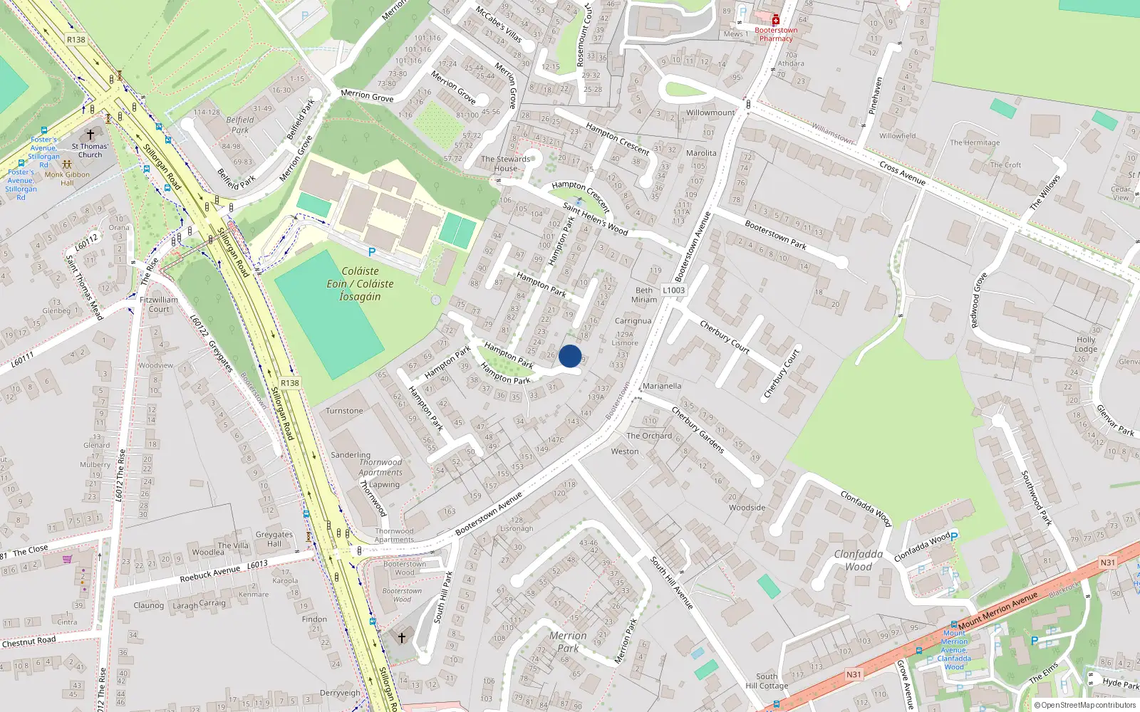 Overhead map showing the location of 28 Hampton Park, Booterstown