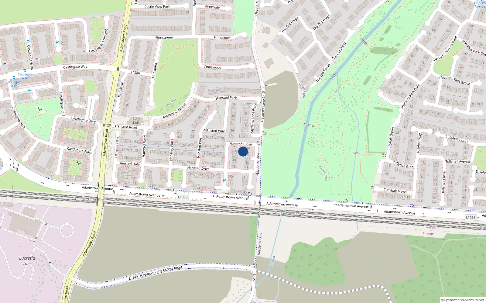 Overhead map showing the location of 28 Hansted Close, Lucan