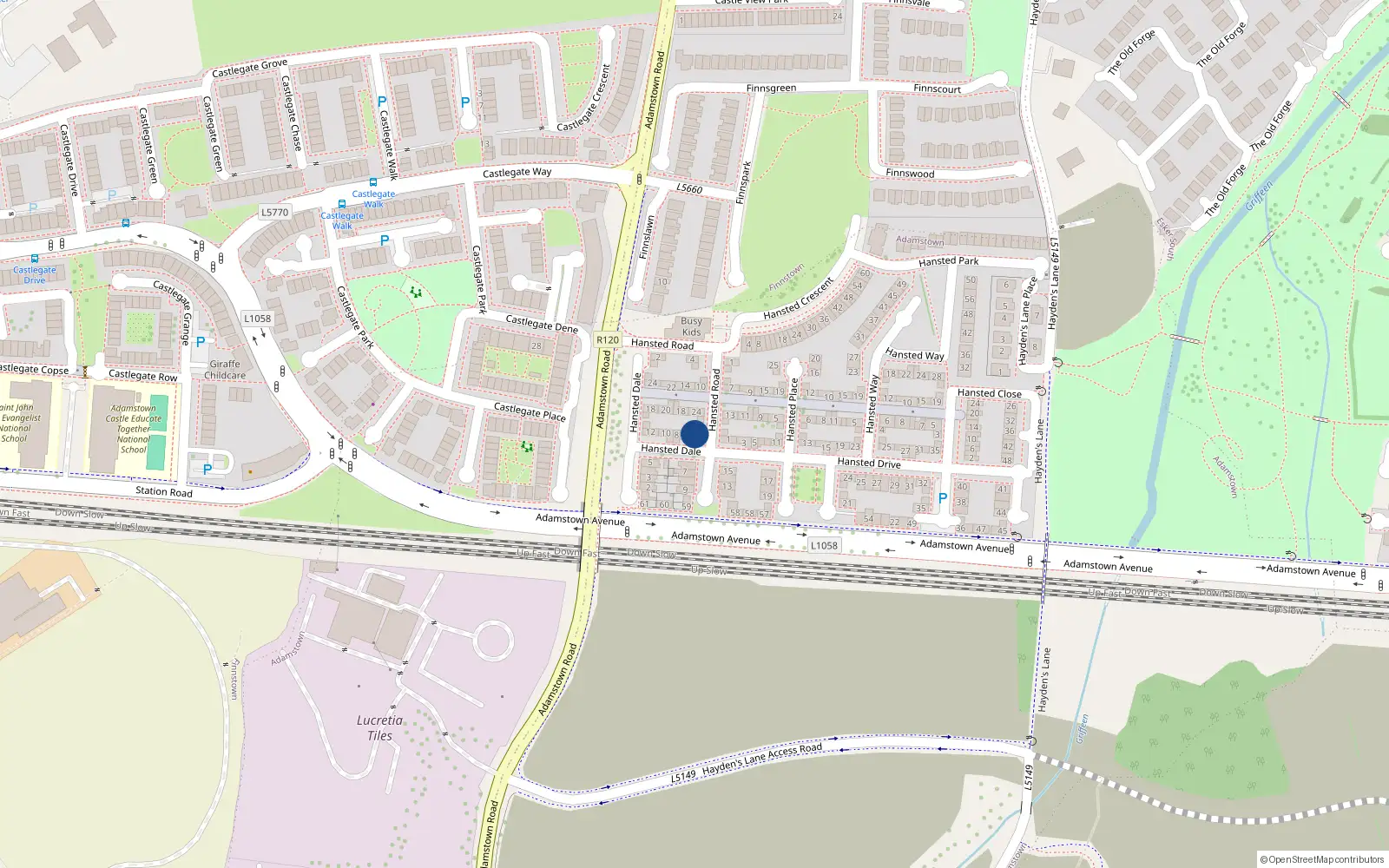 Overhead map showing the location of 28 Hansted Road, Lucan