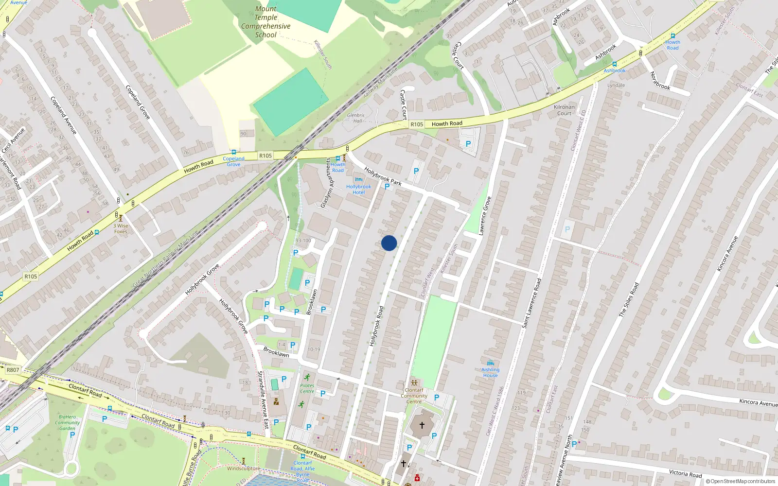 Overhead map showing the location of 28 Hollybrook Road, Dublin 3
