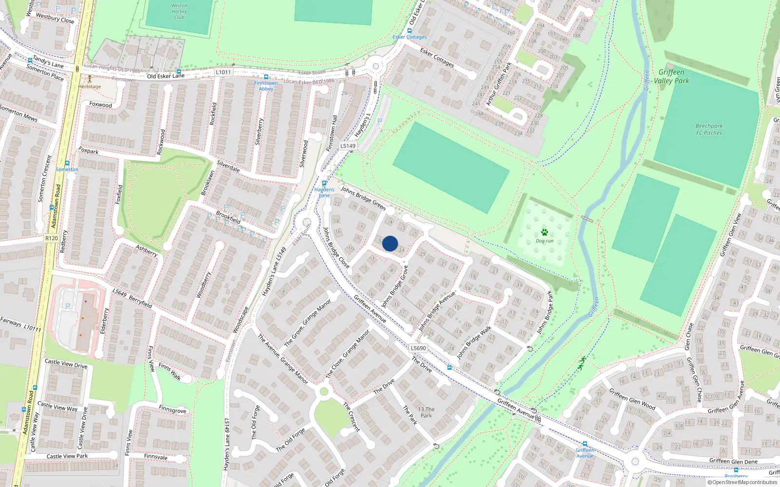 Overhead map showing the location of 28 Johnsbridge Avenue, Lucan, Dublin