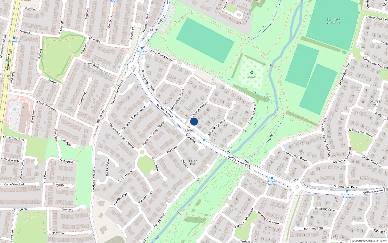 Overhead map showing the location of 28 Johnsbridge Walk, Lucan