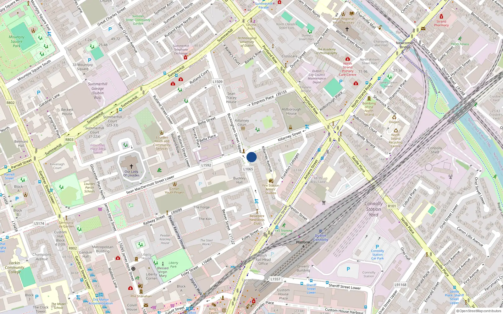 Overhead map showing the location of 28 Killarney St, Off Amiens St, Dublin 1