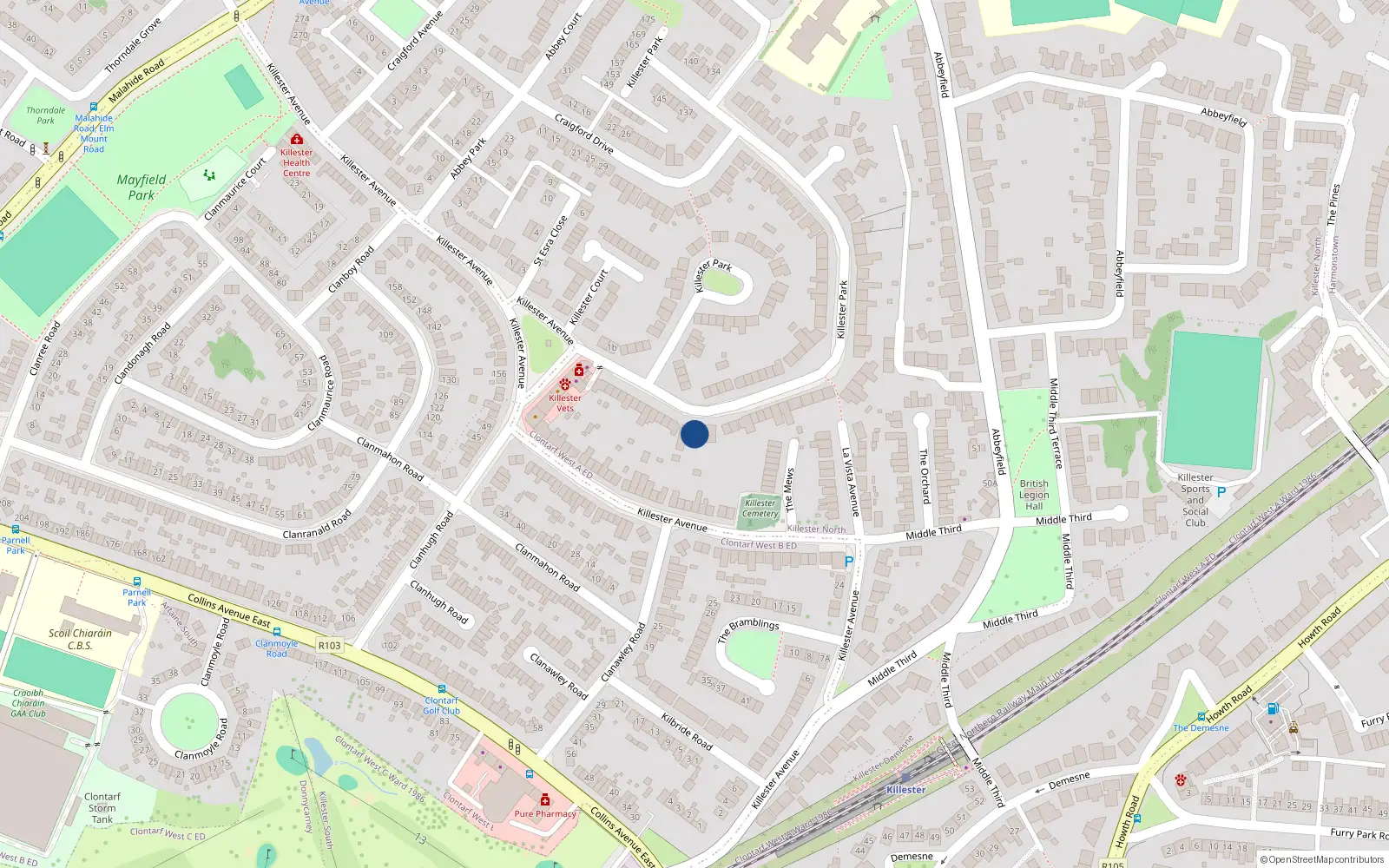 Overhead map showing the location of 28 Killester Park, Dublin 5
