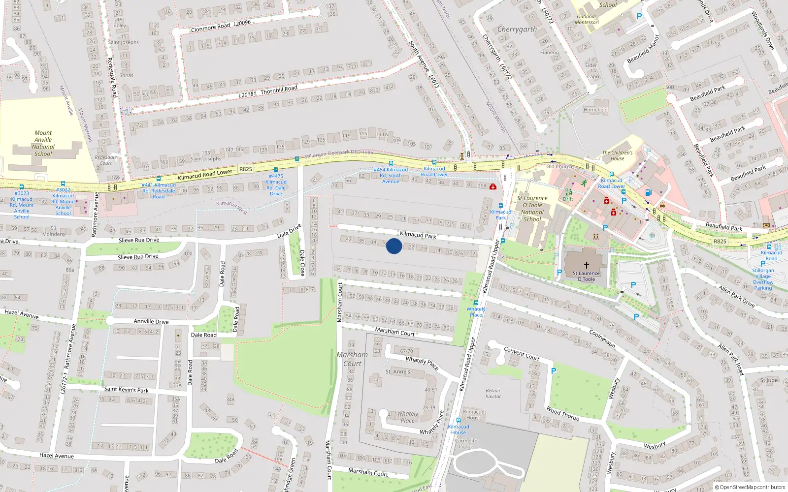 Overhead map showing the location of 28 Kilmacud Park, Stillorgan, Dublin