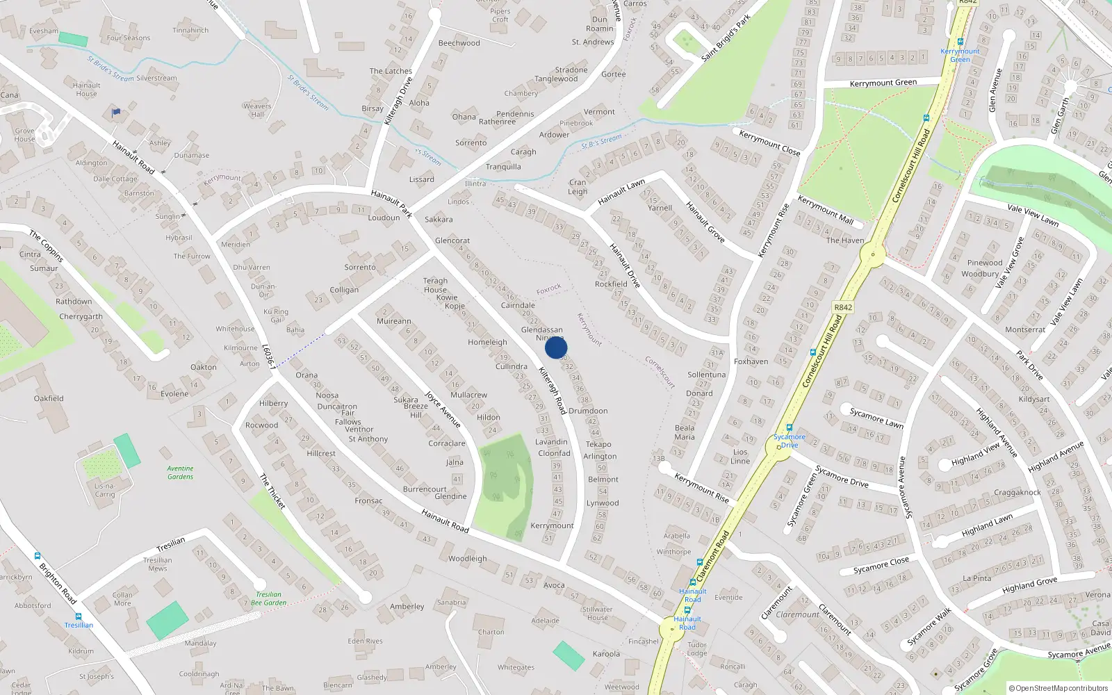 Overhead map showing the location of 28 Kilteragh Road, Dublin 18