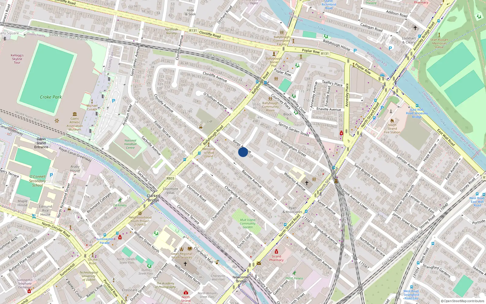 Overhead map showing the location of 28 Kings Avenue, Ballybough, Dublin 3