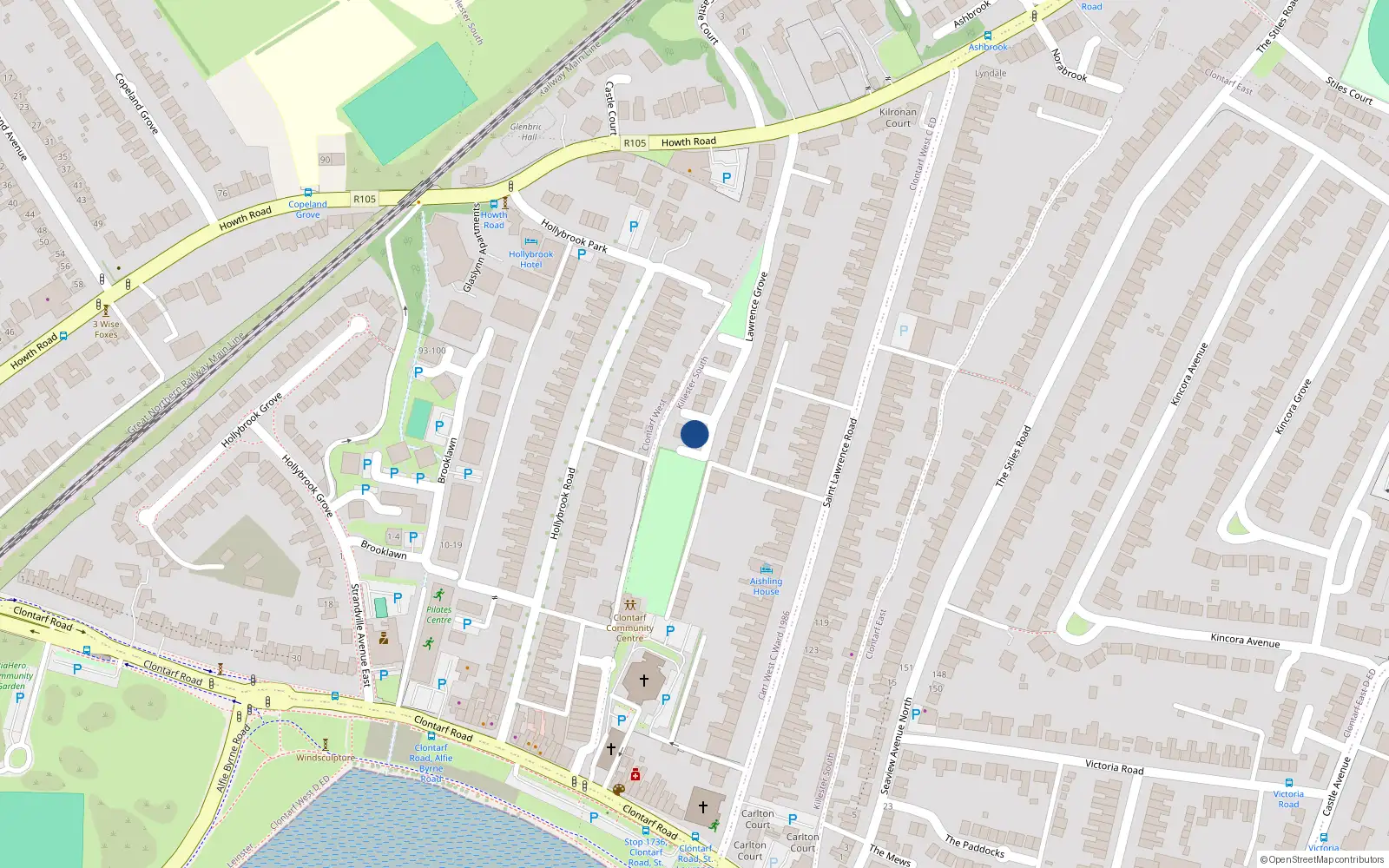 Overhead map showing the location of 28 Laurence Grove, Clontarf, Dublin 3