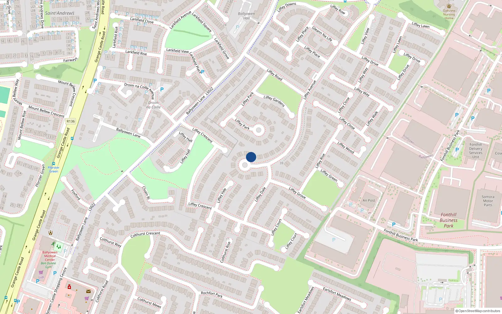Overhead map showing the location of 28 Liffey Avenue, Liffey Valley Park, Lucan