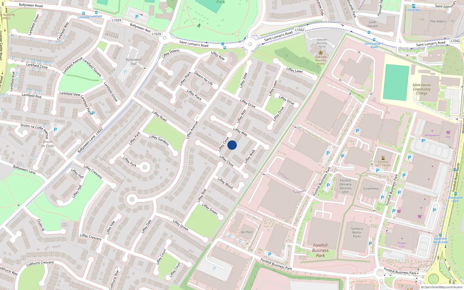 Overhead map showing the location of 28 Liffey Close, Lucan