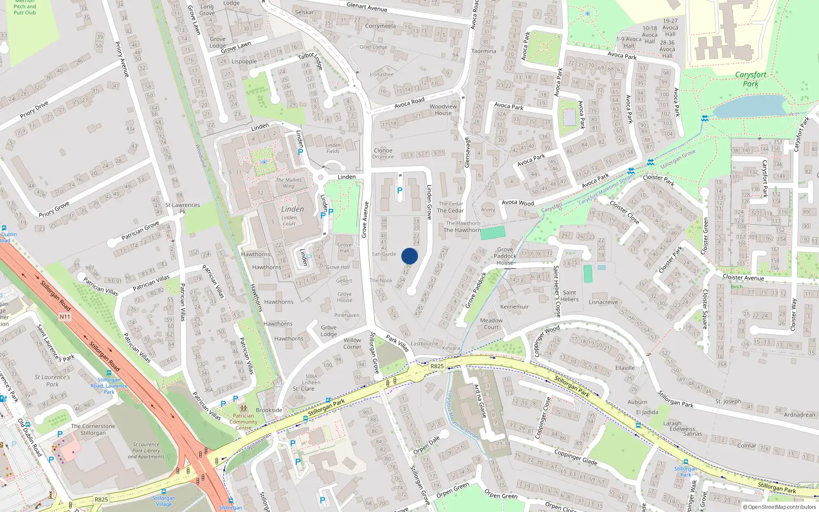 Overhead map showing the location of 28 Linden Grove, Blackrock, Dublin
