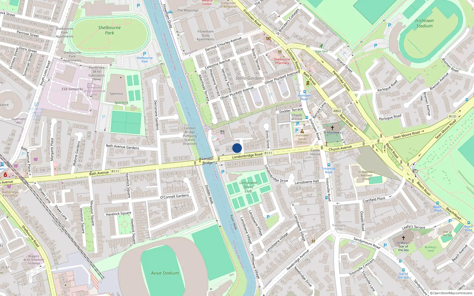 Overhead map showing the location of 28 Londonbridge Road, Irishtown