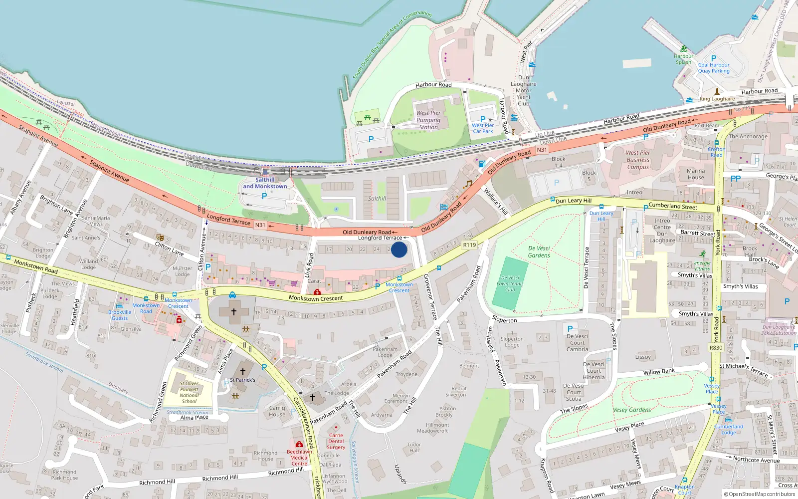 Overhead map showing the location of 28 Longford Terrace, Monkstown