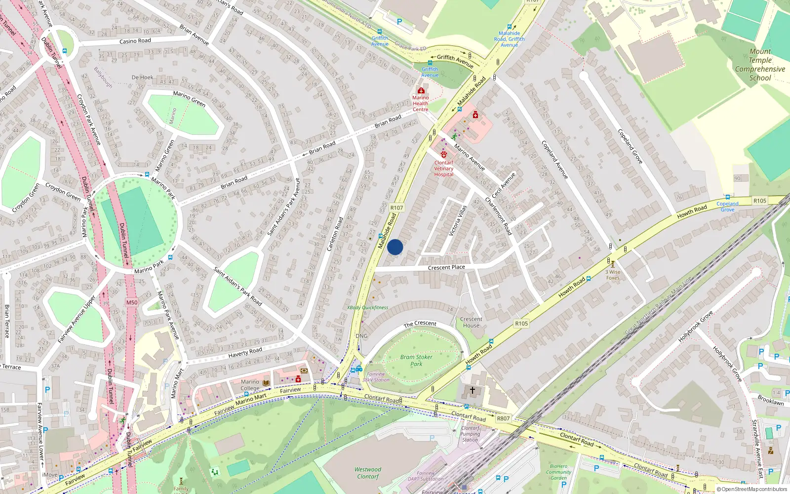 Overhead map showing the location of 28 Malahide Road, Dublin 3, Dublin