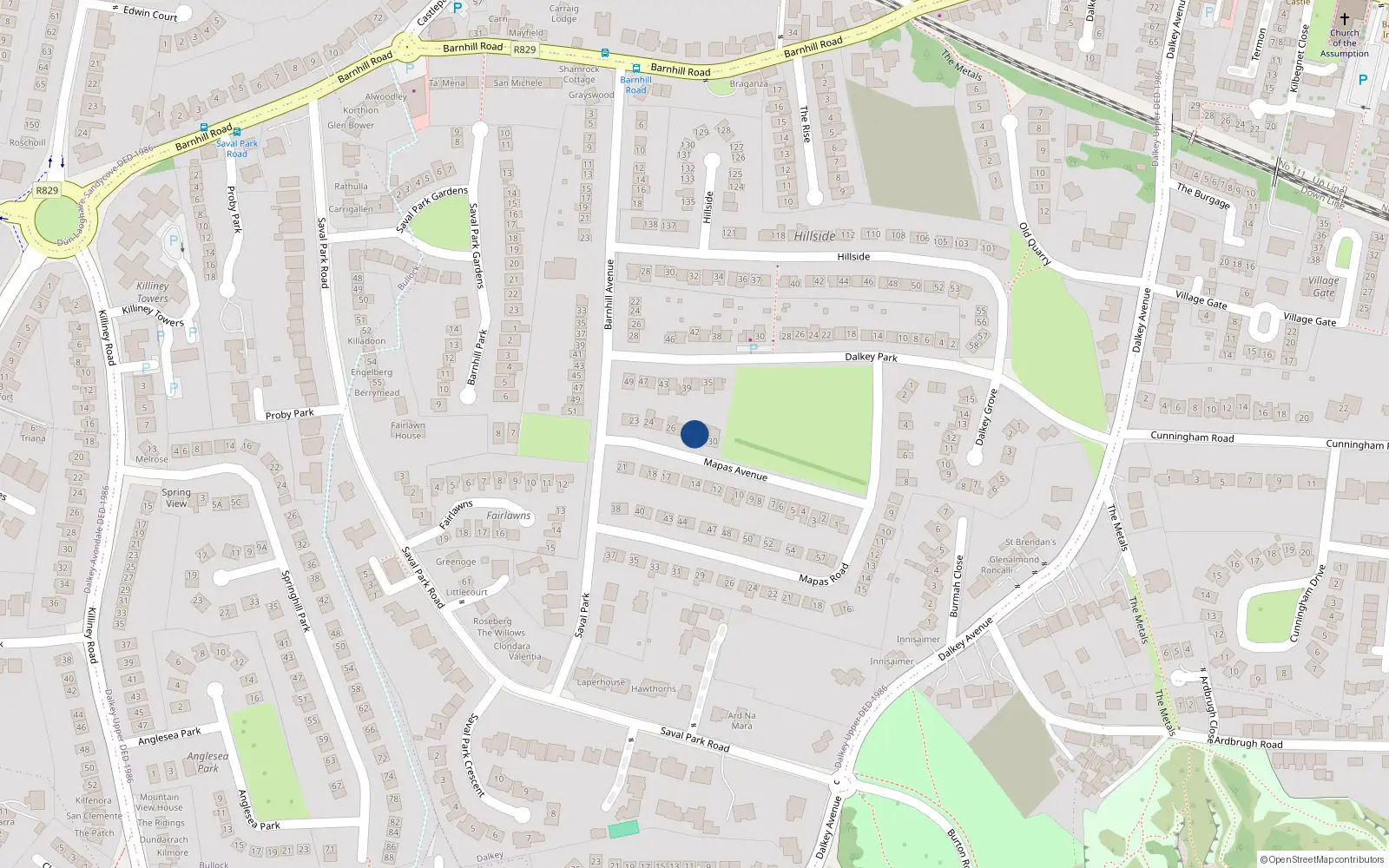 Overhead map showing the location of 28 Mapas Avenue, Dalkey