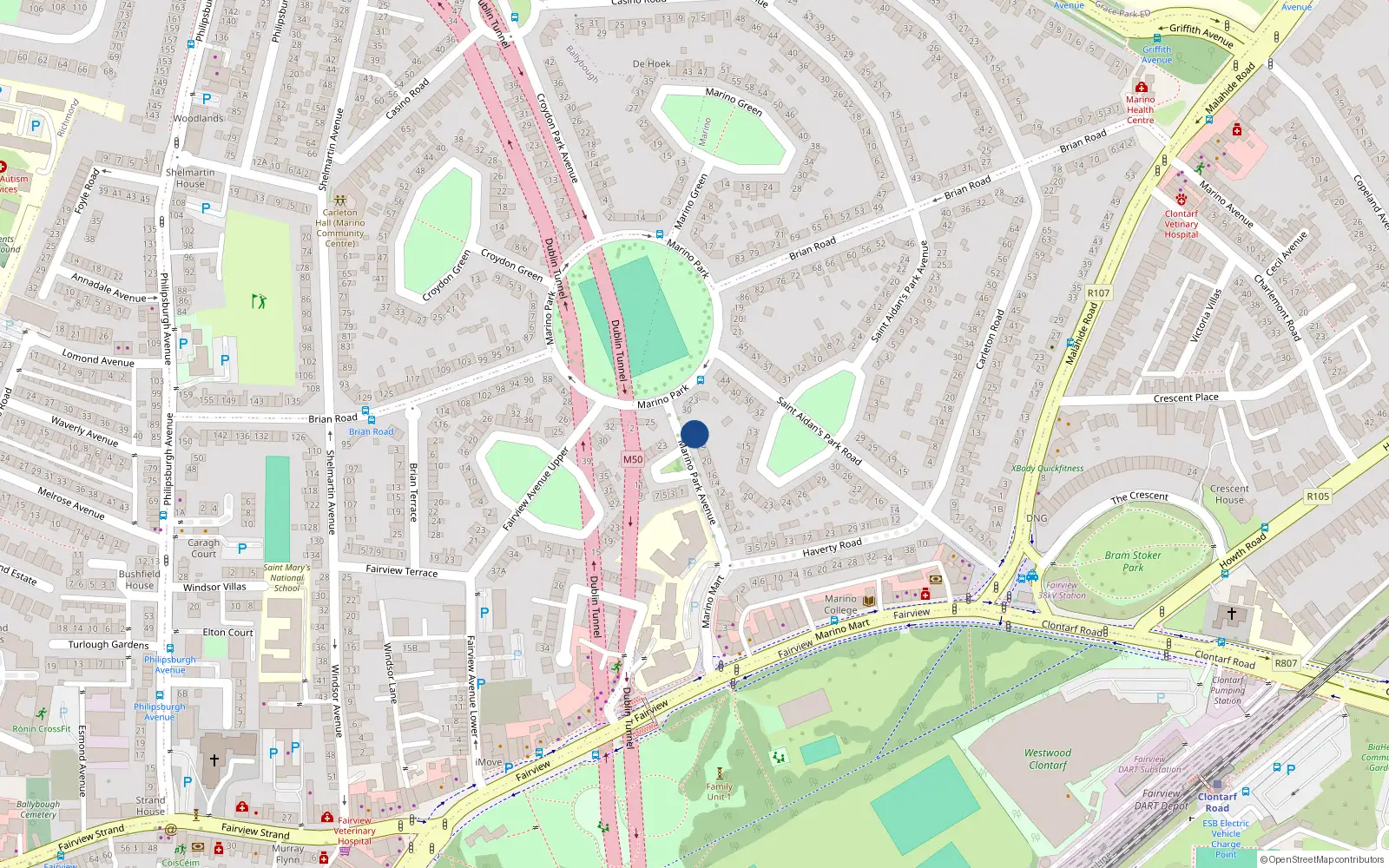 Overhead map showing the location of 28 Marino Park Avenue, Fairview, Dublin 3