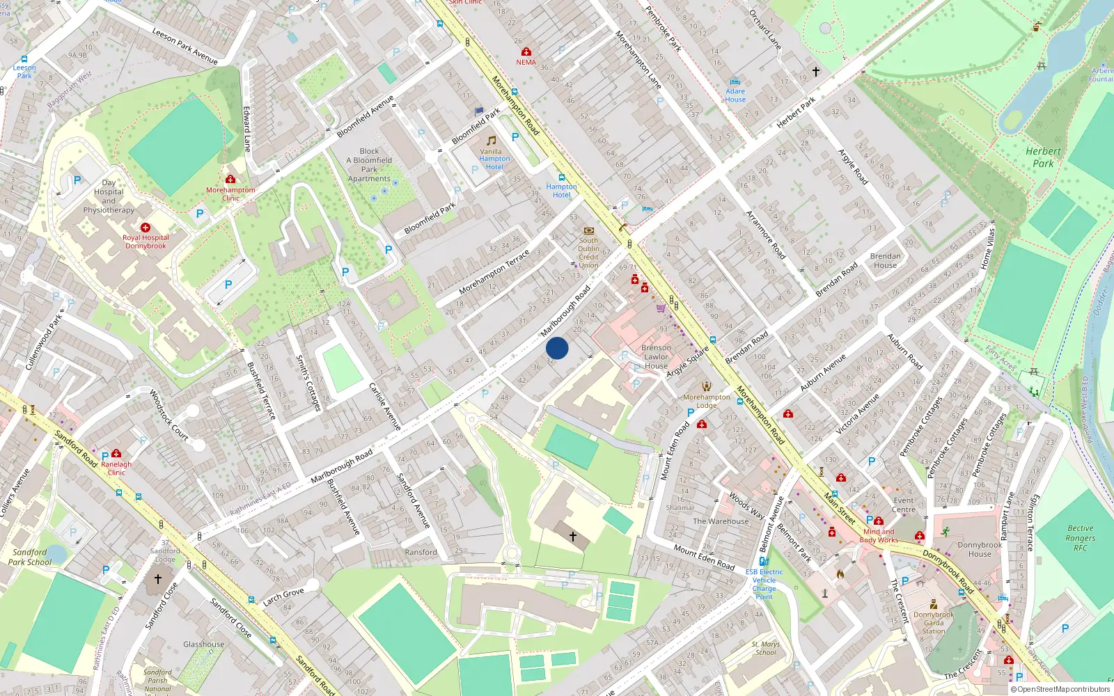 Overhead map showing the location of 28 Marlborough Road, Donnybrook
