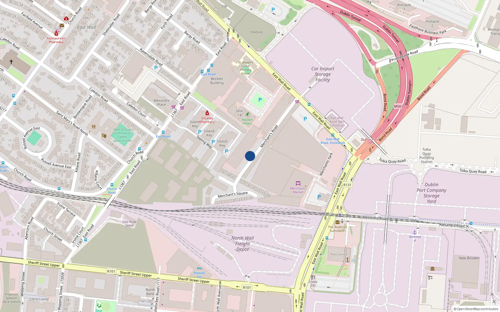 Overhead map showing the location of 28 Merchants Road, East Wall, Dublin 3