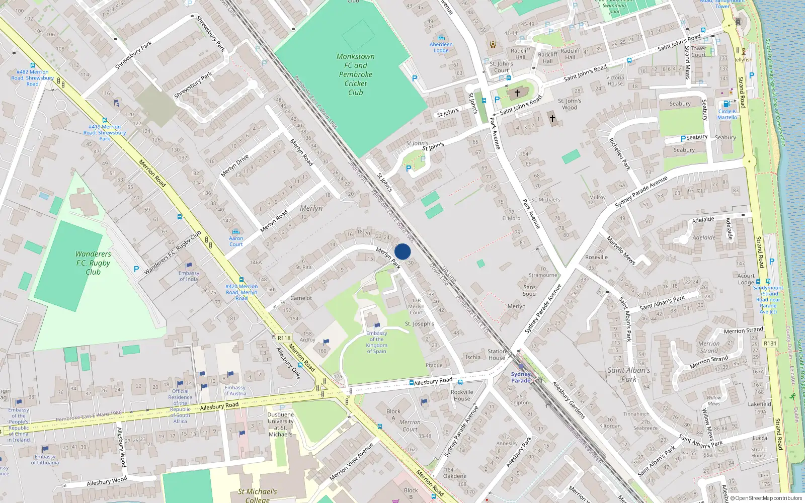 Overhead map showing the location of 28 Merlyn Park, Ballsbridge
