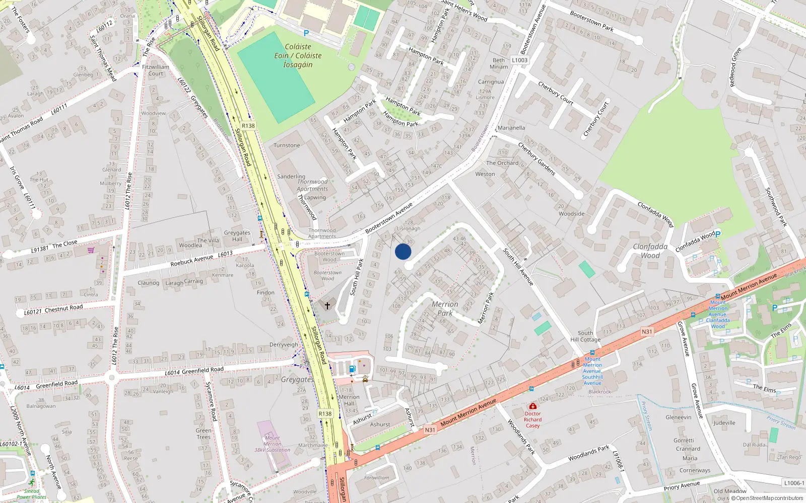 Overhead map showing the location of 28 Merrion Park, Blackrock